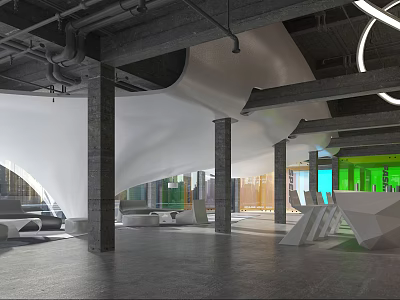 Industrial Modern Hotel Lobby Featuring White Curved Structure Gray Columns And Green Accent Wall 3d model