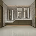 Modern Elegant Public Restroom With Marble Decor Double Mirrors Washbasins And Private Cubicles