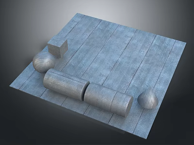 Blue Wooden Floor Display With Geometric Shapes Sphere Cube Cylinder And Pear 3d model