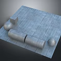 Blue Wooden Floor Display With Geometric Shapes Sphere Cube Cylinder And Pear
