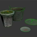 Vintage Weathered Household Items Old Bucket Container With Leaves Round Lid And Small Plate
