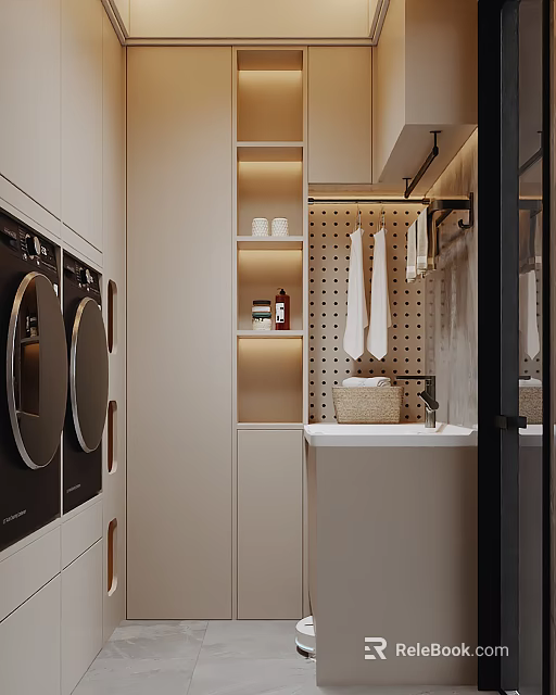 Modern Laundry Room Interior With Washing Machine Dryer Storage Cabinets And Polka Dot Tiled Wall 3d model 