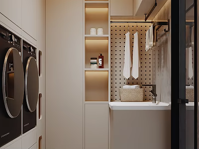 Modern Laundry Room Interior With Washing Machine Dryer Storage Cabinets And Polka Dot Tiled Wall 3d model