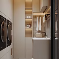 Modern Laundry Room Interior With Washing Machine Dryer Storage Cabinets And Polka Dot Tiled Wall
