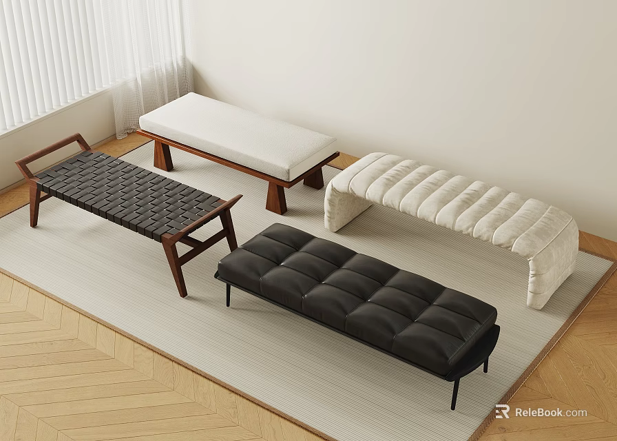 Stylish Various Stools With Leather Padded Seats Wooden Frames And Fabric Covers For Interior 3d model 