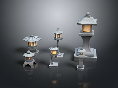 Traditional Japanese Stone Lanterns In Multiple Various Sizes With Illuminated Details 3d model