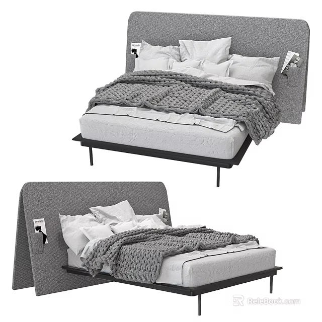 Modern Double Bed With Gray Headboard And Knitted Blanket 3d model