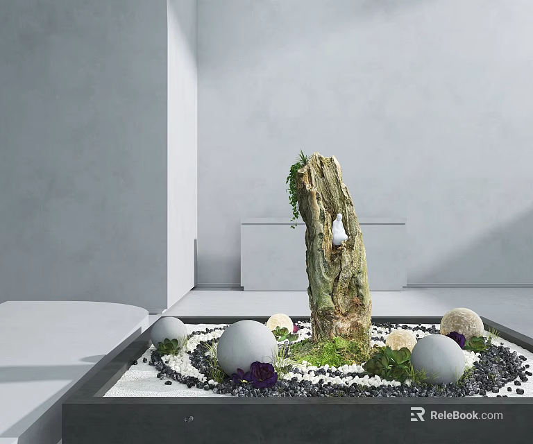 Minimalist Garden Ornament With Stone Structure Round Spheres Gravel And Purple Flowers 3d model 