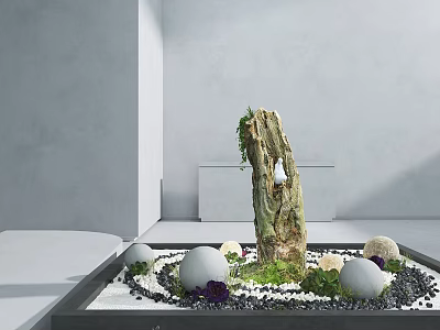 Minimalist Garden Ornament With Stone Structure Round Spheres Gravel And Purple Flowers 3d model