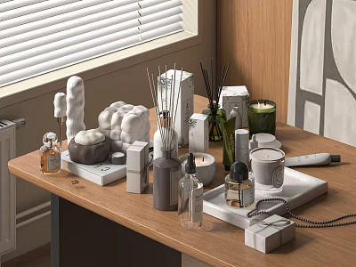 Perfumes And Cosmetics Displayed On Wooden Desk Near Window Blinds 3d model