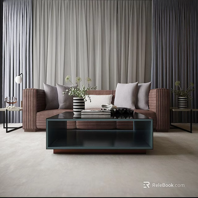 Brown Sofa with Gray Cushions and Glass Coffee Table Set with Curtains and Plants 3d model 