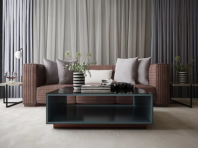 Brown Sofa with Gray Cushions and Glass Coffee Table Set with Curtains and Plants 3d model