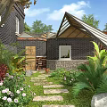 Contemporary Garden Landscape With Glass Shelter Wooden Table Stone Path And Flower Beds