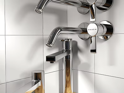 Modern Chrome Faucets With Sleek Handles On White Tile Bathroom Wall 3d model