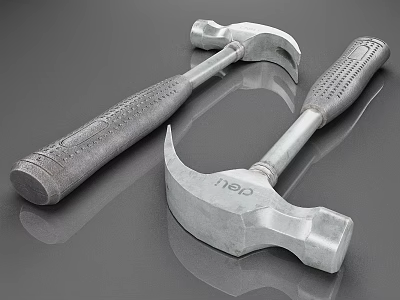 Silver Metal Claw Hammers With Textured Handles On Gray Background 3d model