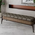 Modern Upholstered Bench With Patterned Fabric Rattan Accent And Wooden Legs For Indoor Decor