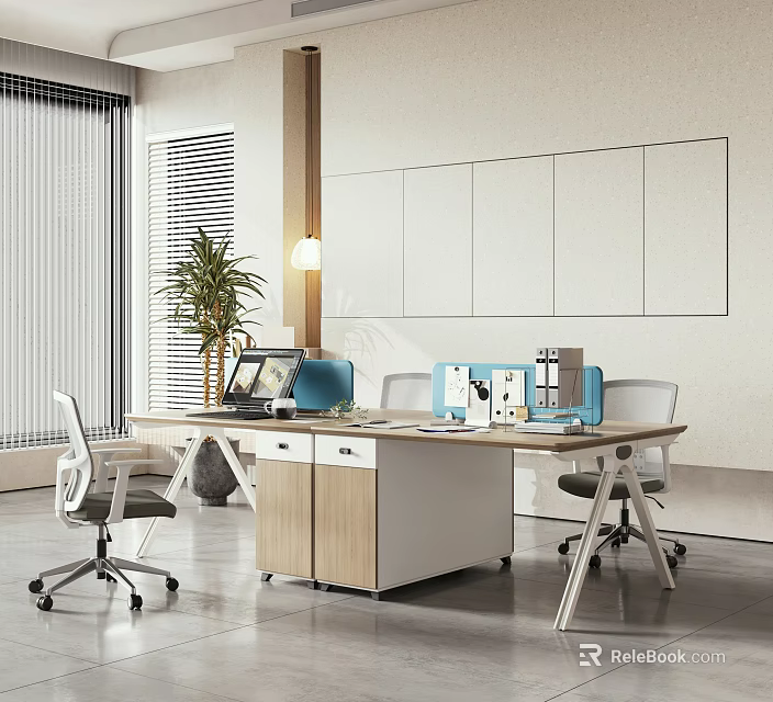 Public Office Area Featuring Modern Desk Computers File Folders Ergonomic Chairs And Green Plant 3d model 