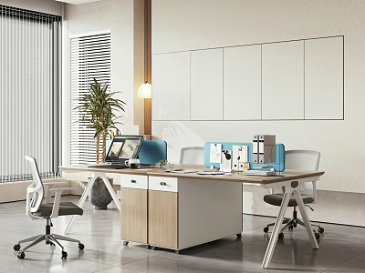 Public Office Area Featuring Modern Desk Computers File Folders Ergonomic Chairs And Green Plant 3d model