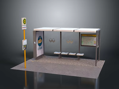 Modern Bus Shelter Facility With Roof Benches Information Board And Signpost 3d model