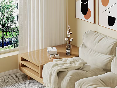 Cozy Living Room Corner With Beige Sofa Wooden Table And Decorations 3d model
