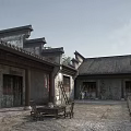 Ancient Traditional Tile Roofed Houses Courtyard With Surrounding Farmland River And Trees