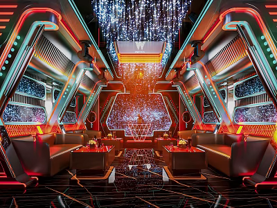 Modern KTV Luxury Interior With Neon Lighting And Comfortable Sofa Seats 3d model