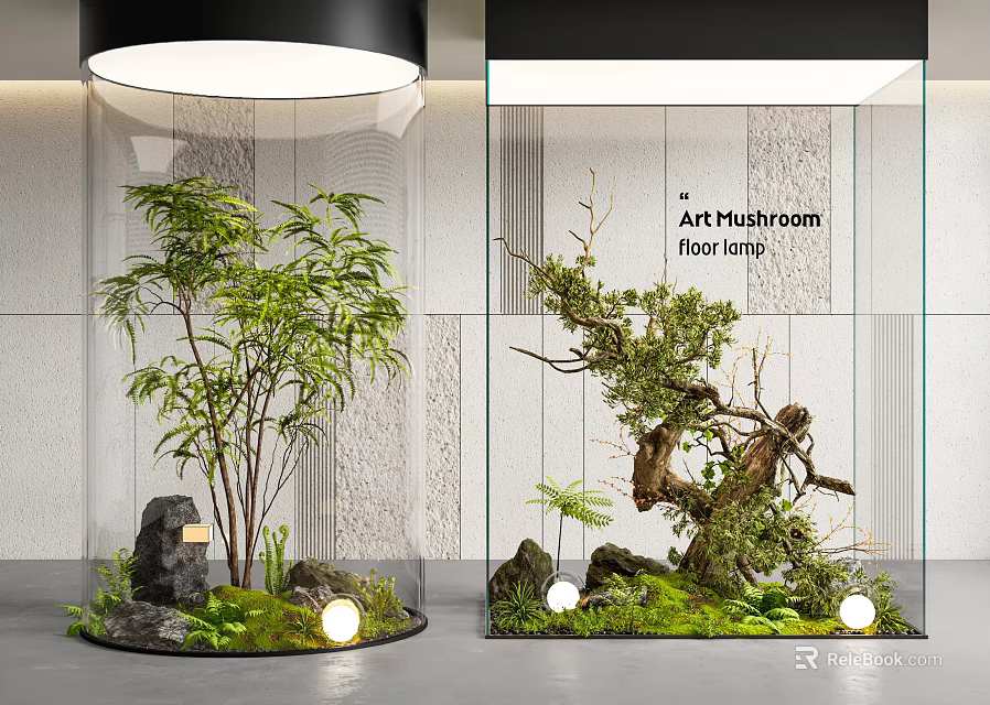 Indoor Landscape Featuring Bamboo Stones Round Lamps Moss And Tree Stump Lamp Design 3d model 