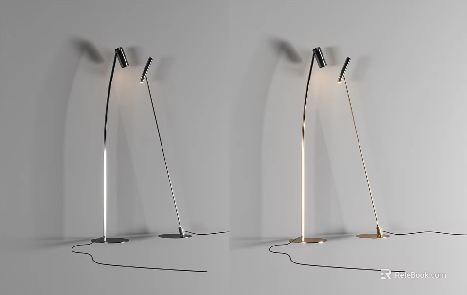 Sleek Modern Floor Lamps With Curved Arm Round Base And Silver Gold Finishes 3d model 