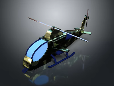 Detailed Military Camouflage Helicopter With Blue Windshield Rotors And Skid Landing Gear 3d model