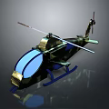 Detailed Military Camouflage Helicopter With Blue Windshield Rotors And Skid Landing Gear