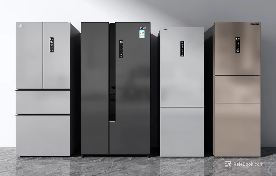 Various Styles of Modern Refrigerators and Freezers With Metal Finish and Color Options 3d model 