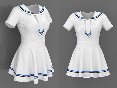 White Sailor Collar Short Sleeve Dress With Blue Stripes And Pleated Skirt 3d model