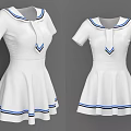White Sailor Collar Short Sleeve Dress With Blue Stripes And Pleated Skirt