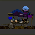 Wooden Stone Cart with Blue Canopy Purple Items and Decorative Wheels on Round Base