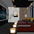 Modern SPA Sauna Lounge with Brown Lounge Chairs Yellow Flowers Large Windows and Decorative Art