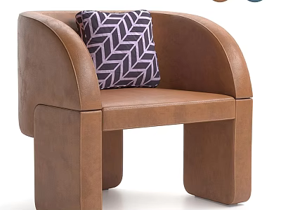 Modern Brown Leather Single Sofa With Curved Armrests And Patterned Pillow 3d model