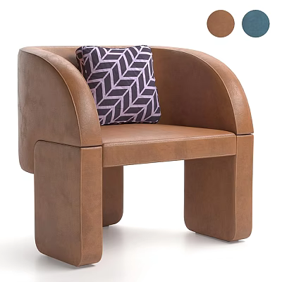 Modern Brown Leather Single Sofa With Curved Armrests And Patterned Pillow 3d model