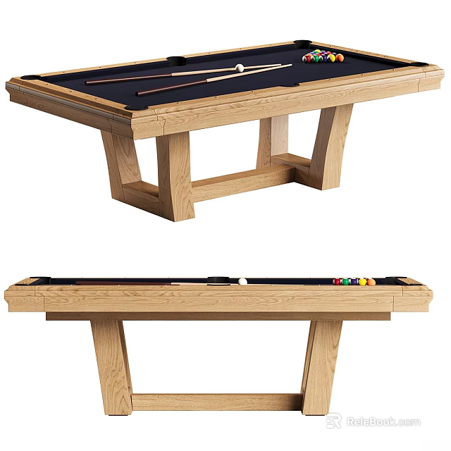 Stylish Natural Solid Wood Pool Table With Cue Sticks And Full Set Of Colorful Balls 3d model 