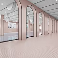 Indoor Swimming Pool with Arched Doors Round Pendant Lights Pink Walls and Blue Tiles