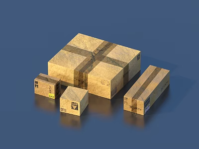 Brown Cardboard Boxes of Various Sizes with Crossed Tape Labels for Daily Living Supplies 3d model