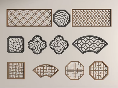 Traditional Chinese Wooden Lattice Decorative Panels With Various Shapes And Patterns 3d model