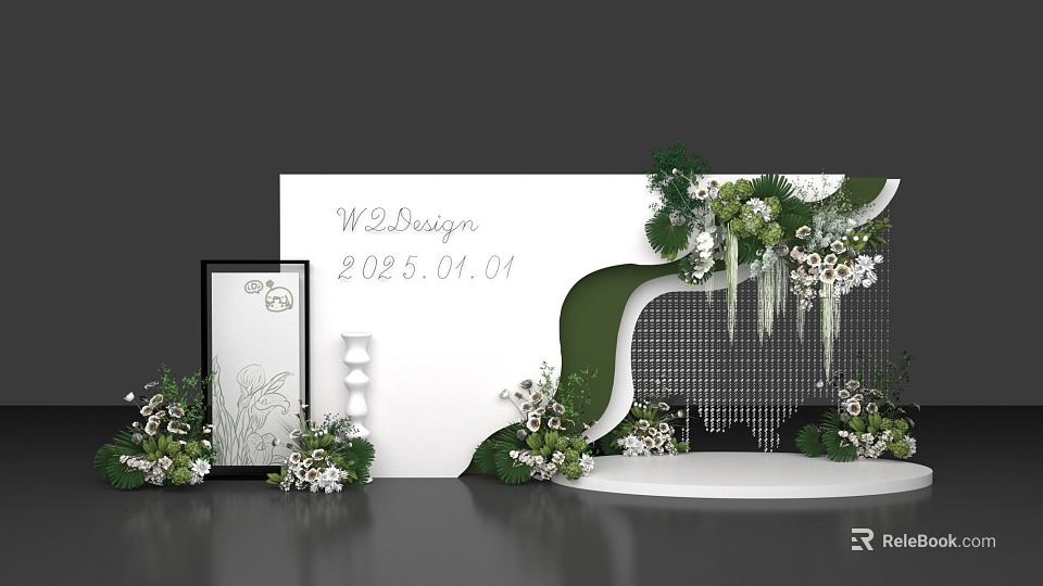 Elegant Modern Floral Installation With Green White Flowers Hanging Blooms And Decorative Plants 3d model 