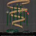 Indoor Landscape With Green Bamboo Columns Golden Spiral Decorations And Colorful Flowers
