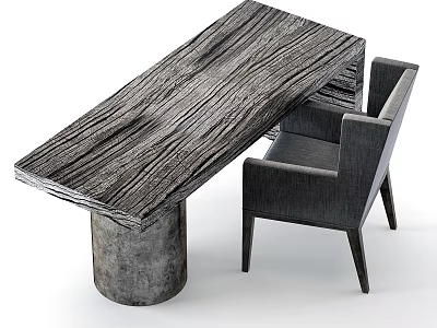 Modern Wooden Desk With Natural Wood Grain Texture Accompanied By Gray Upholstered Chair 3d model