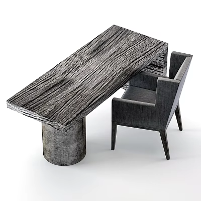 Modern Wooden Desk With Natural Wood Grain Texture Accompanied By Gray Upholstered Chair 3d model