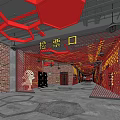 Industrial Style Cinema Interior With Red Pipes Bar Counter And Movie Posters