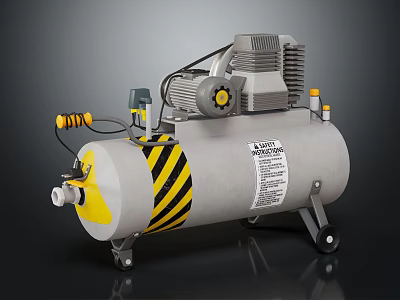 Portable Industrial Air Compressor With Tank Yellow Black Stripes And Wheels 3d model