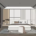 Modern Bedroom Interior Design With Wooden Panel Headboard Bed Pillows And Soft Rug