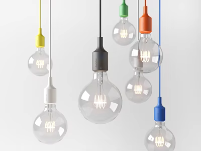 Colorful Modern Pendant Lights With Various Colored Lamp Holders And Transparent Bulbs 3d model