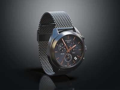 Modern Stylish Watch With Mesh Metal Strap Black Dial And Orange Hands 3d model
